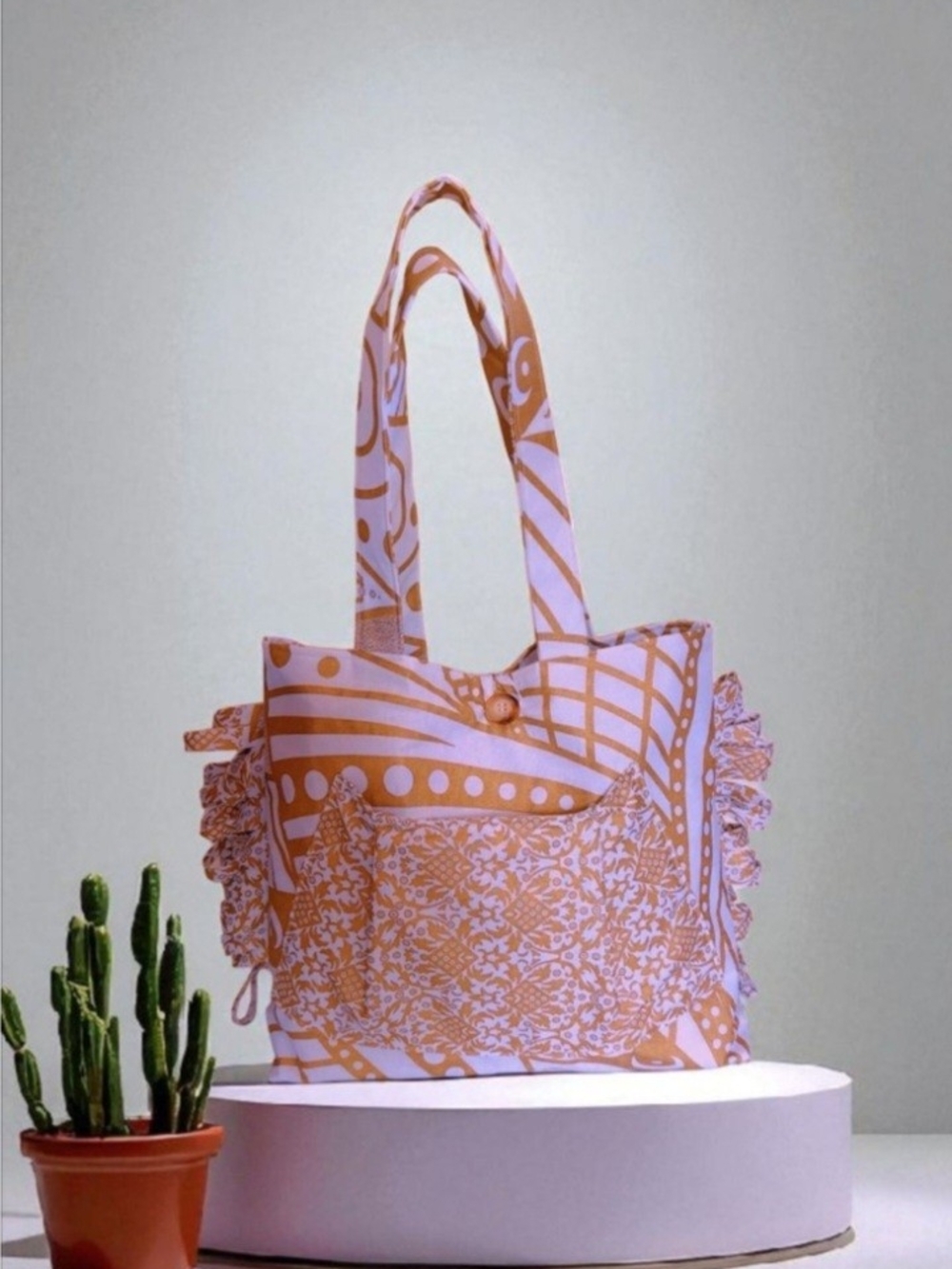 Pink & Orange Patterned Ruffle Tote Bag